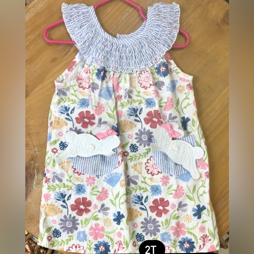 2T floral dress with bunnies on the pockets.